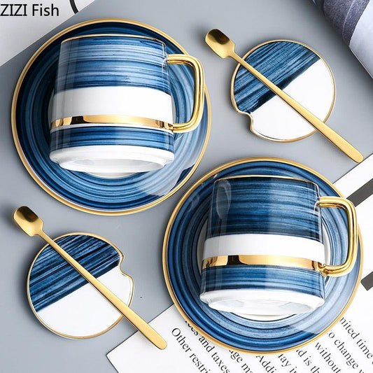 Nordic Style Coffee Mug Set Ceramic Coffee Cup&Saucer with Lid and Spoon Creative Home Kitchen Accessories Drinkware healthandwealthcoffee