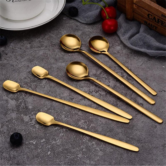Tea Coffee Mixing Spoon Gold Spoon Long Handle Dessert Stainless Steel Tea Coffee Mixing Spoon Gold Spoon Long Handle Dessert Stainless Steel Vintage Teaspoons Drink Tableware Round Design 1PCS healthandwealthcoffee