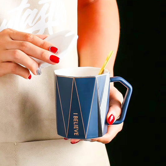European Style Mug with Lid Spoon Octagonal Rhombus Coffee Cup European Style Mug with Lid Spoon Octagonal Rhombus Coffee Cup Creative Gold Line Circle Gold Ceramic Cup MOQ 60 Piece healthandwealthshoppe