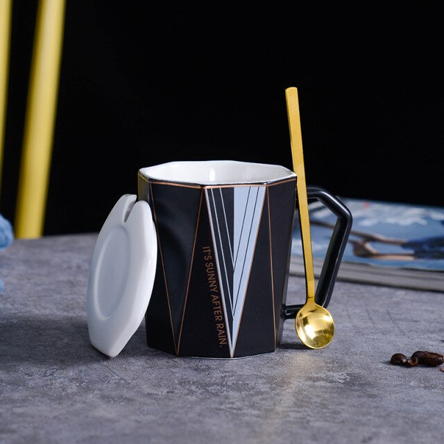 European Style Mug with Lid Spoon Octagonal Rhombus Coffee Cup European Style Mug with Lid Spoon Octagonal Rhombus Coffee Cup Creative Gold Line Circle Gold Ceramic Cup MOQ 60 Piece healthandwealthshoppe