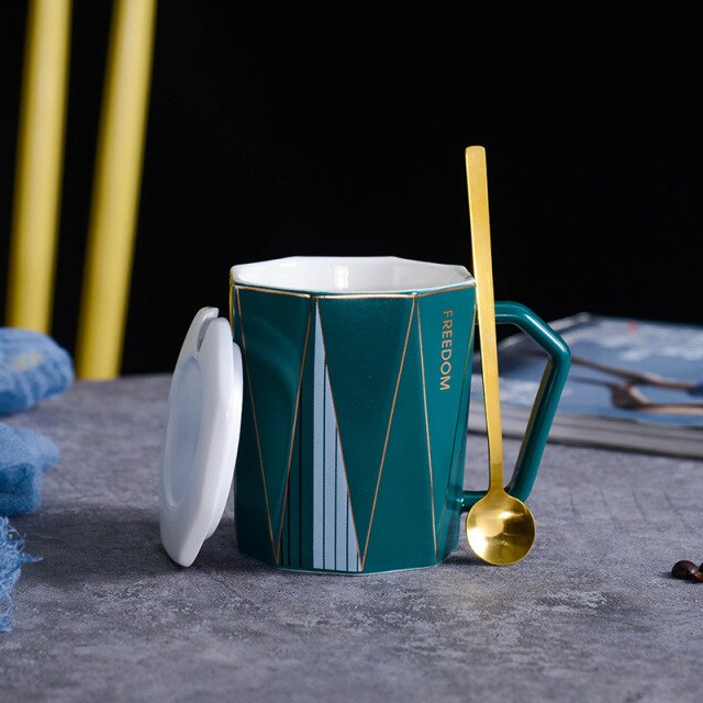 European Style Mug with Lid Spoon Octagonal Rhombus Coffee Cup European Style Mug with Lid Spoon Octagonal Rhombus Coffee Cup Creative Gold Line Circle Gold Ceramic Cup MOQ 60 Piece healthandwealthshoppe