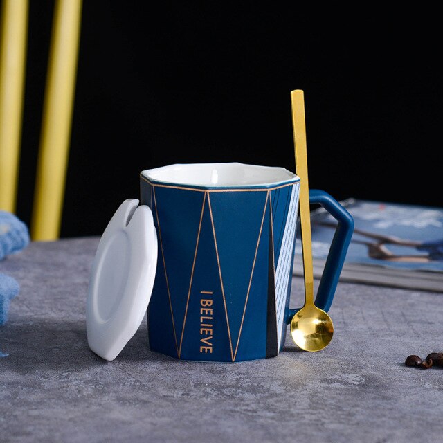 European Style Mug with Lid Spoon Octagonal Rhombus Coffee Cup European Style Mug with Lid Spoon Octagonal Rhombus Coffee Cup Creative Gold Line Circle Gold Ceramic Cup MOQ 60 Piece healthandwealthshoppe