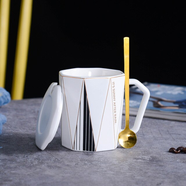 European Style Mug with Lid Spoon Octagonal Rhombus Coffee Cup European Style Mug with Lid Spoon Octagonal Rhombus Coffee Cup Creative Gold Line Circle Gold Ceramic Cup MOQ 60 Piece healthandwealthshoppe