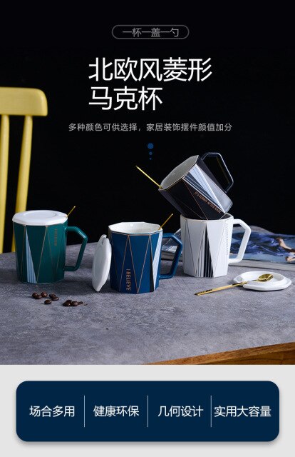 European Style Mug with Lid Spoon Octagonal Rhombus Coffee Cup European Style Mug with Lid Spoon Octagonal Rhombus Coffee Cup Creative Gold Line Circle Gold Ceramic Cup MOQ 60 Piece healthandwealthshoppe