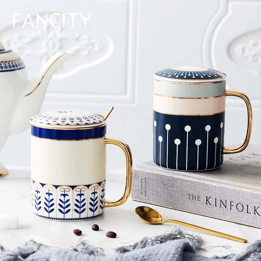 FANCITY Nordic Geometric Art Ceramic Couple Mug Modern Home Luxury FANCITY Nordic Geometric Art Ceramic Couple Mug Modern Home Luxury Afternoon Tea Coffee Milk Instant Beverage Cup with Lid Spoon healthandwealthshoppe