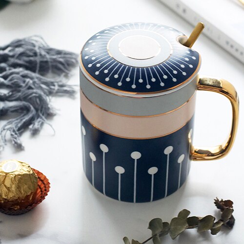 FANCITY Nordic Geometric Art Ceramic Couple Mug Modern Home Luxury FANCITY Nordic Geometric Art Ceramic Couple Mug Modern Home Luxury Afternoon Tea Coffee Milk Instant Beverage Cup with Lid Spoon healthandwealthshoppe